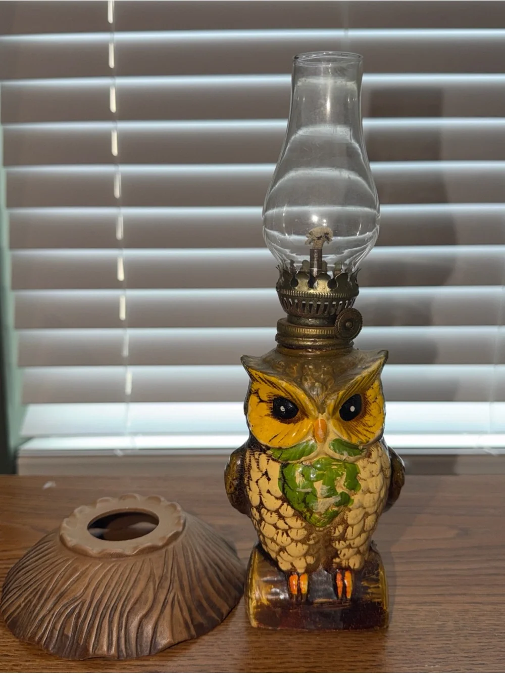 Vintage Owl Oil Lamp - Yellow & Brown Ceramic